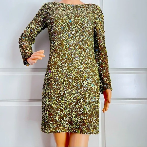 Aidan Mattox Long Sleeve Sequin OLIVE GREEN Dress - Picture 5 of 11
